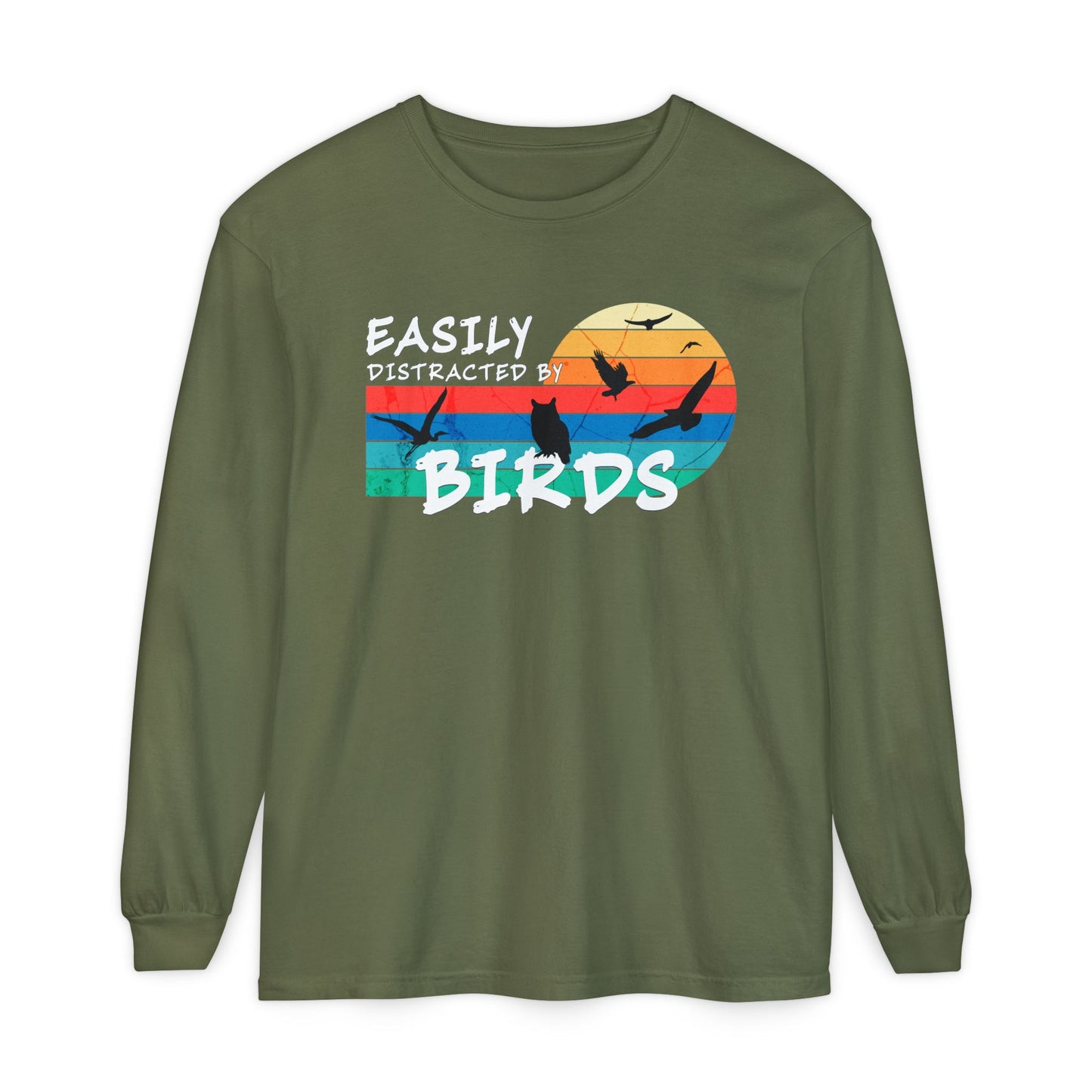 Easily Distracted by Birds Retro Sunset Long Sleeve Tee