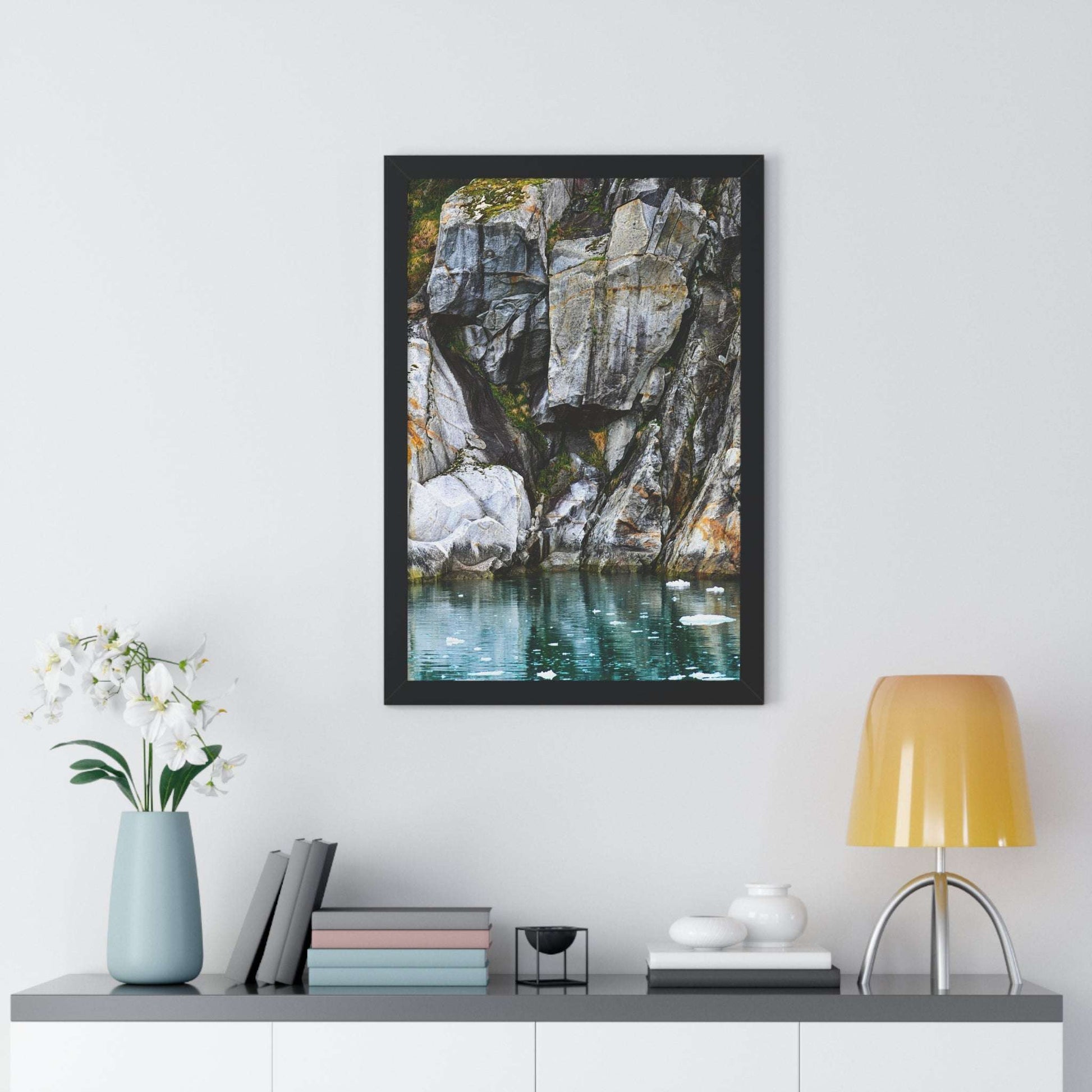 Serene Nature Framed Vertical Poster - Coastal Rock Reflection Art