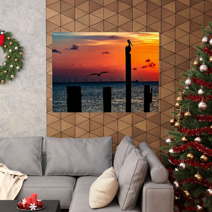 Scenic Matte Horizontal Poster - Serene Sunset with Pelicans and Wind Turbines