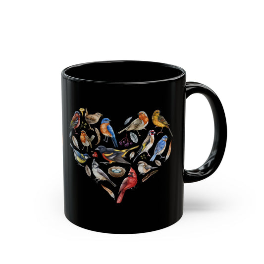 The Nerdy Birder Heart of Birds Stylish Glossy Ceramic Black Mug  11oz and 15oz