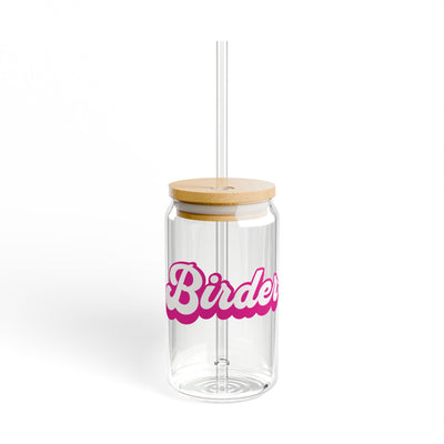 The Nerdy Birder Pink Birder 16oz Sipper Glass With Bamboo Lid
