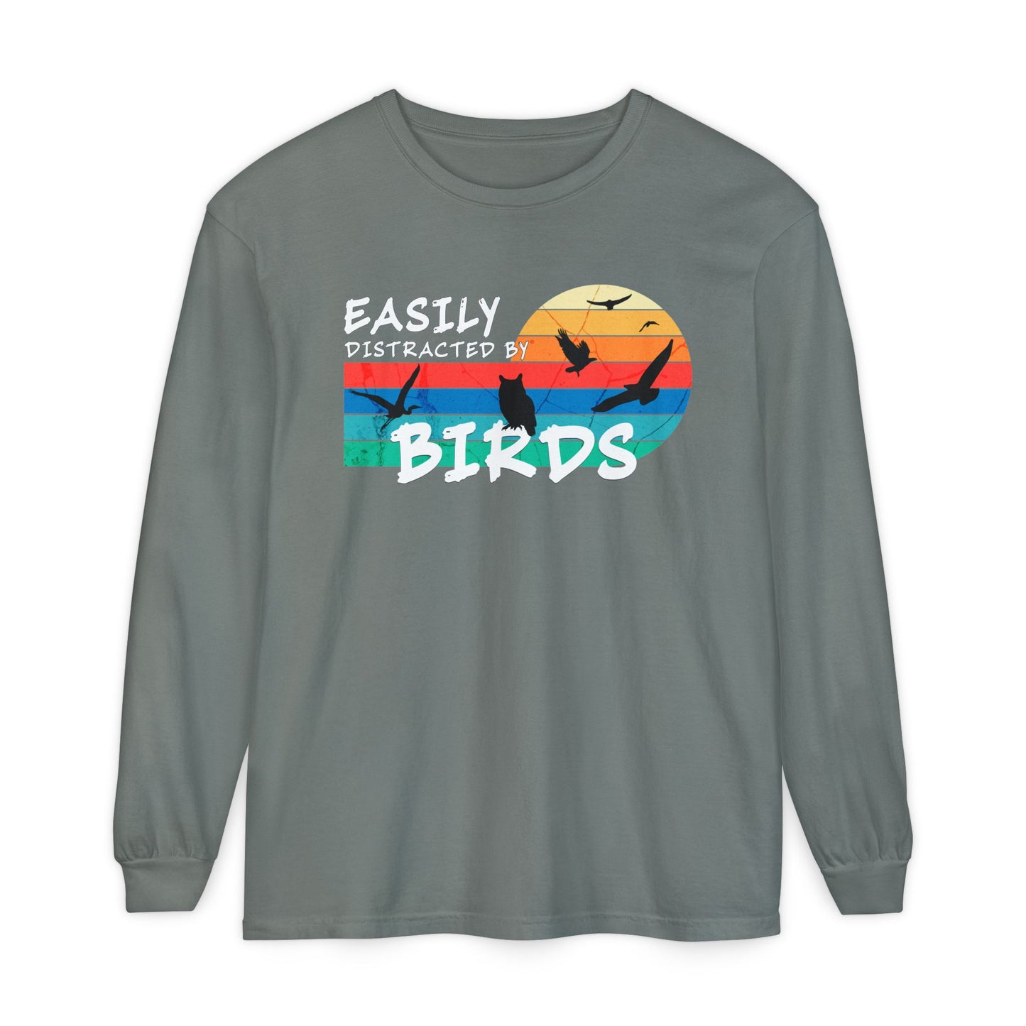 Easily Distracted by Birds Retro Sunset Long Sleeve Tee
