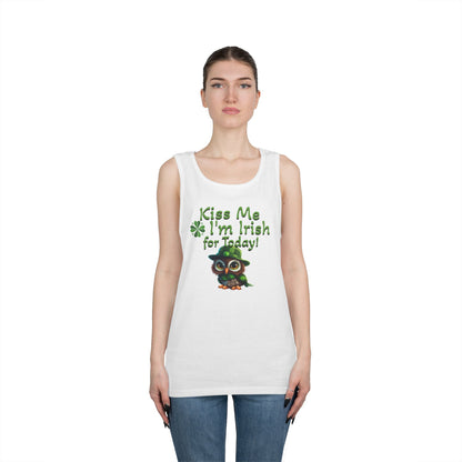 St. Patrick's Day Owl Lover's Unisex Heavy Cotton Tank Top - Fun and Playful 'Kiss Me I'm Irish for Today' Design