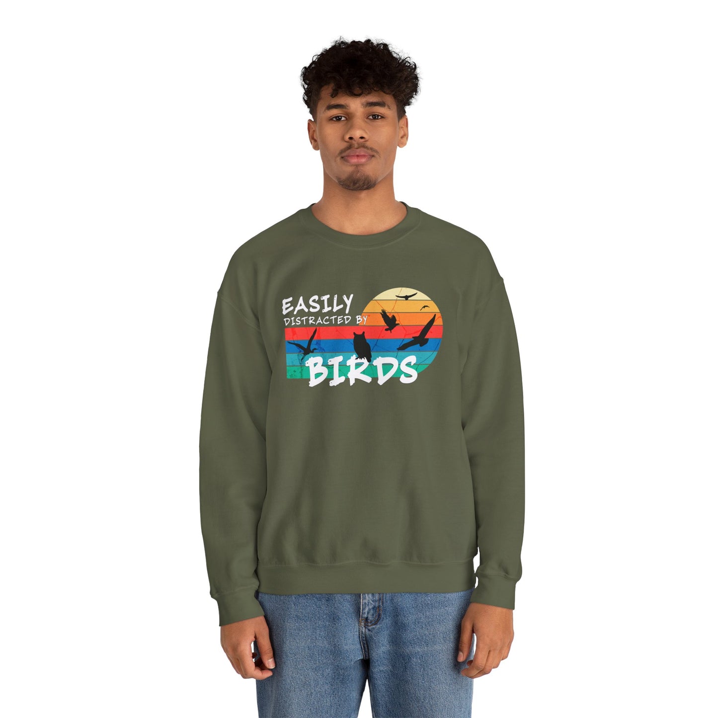 Easily Distracted by Birds Retro Sunset Crewneck Sweatshirt