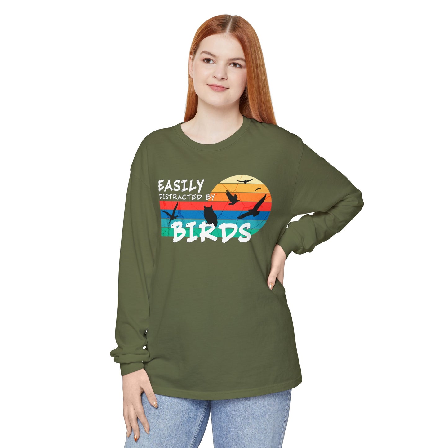 Easily Distracted by Birds Retro Sunset Long Sleeve Tee