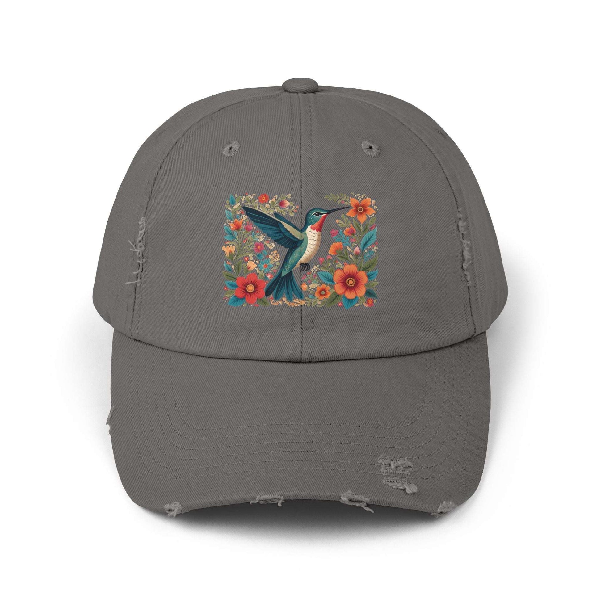 Hummingbird In Bloom Vintage Style Hat - Unisex Distressed Cap