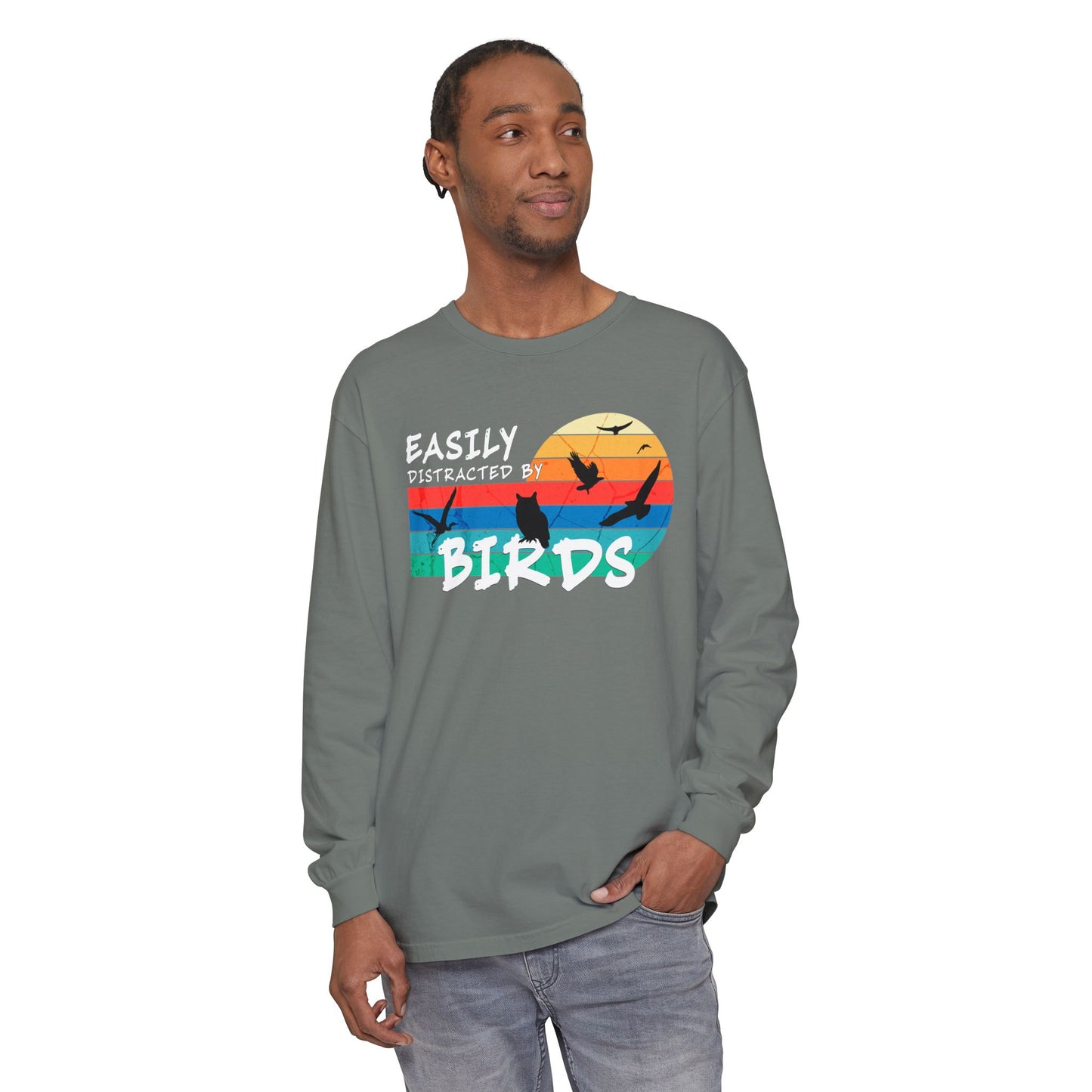 Easily Distracted by Birds Retro Sunset Long Sleeve Tee