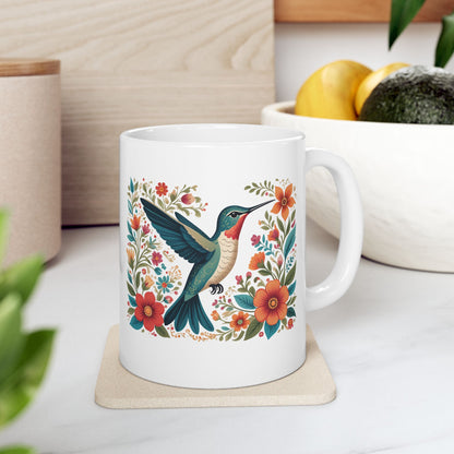 Hummingbird in Bloom White Ceramic Mug