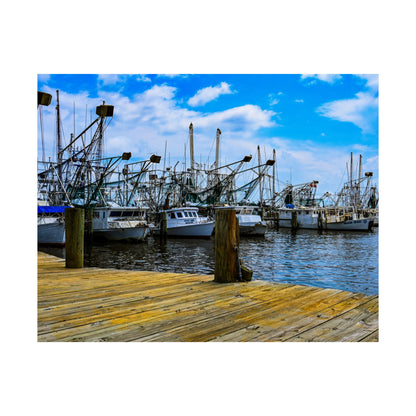 Nautical Matte Horizontal Poster - Serene Harbor Dock Scene with Fishing Boats