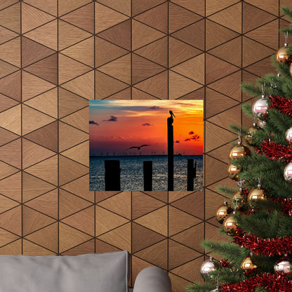 Scenic Matte Horizontal Poster - Serene Sunset with Pelicans and Wind Turbines