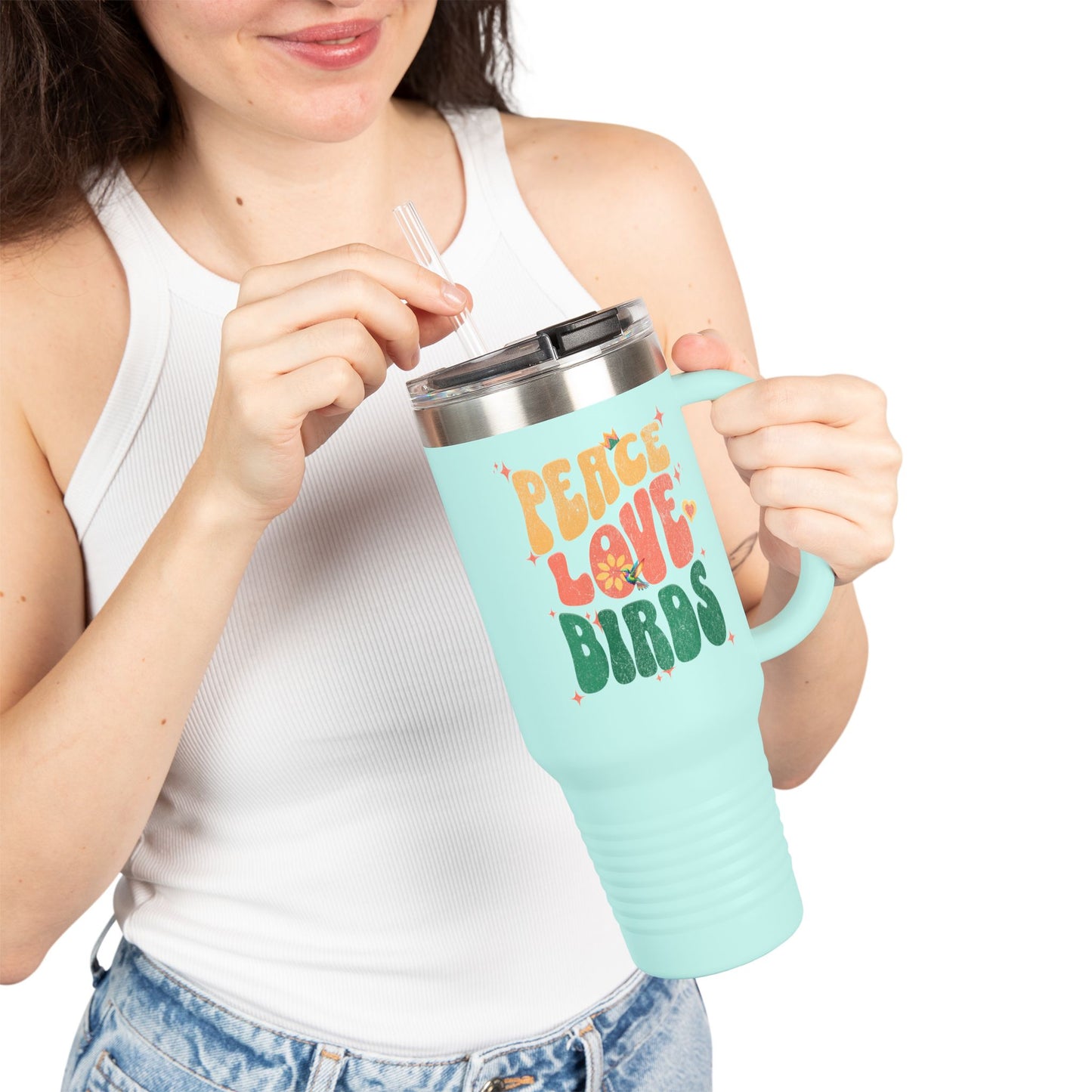 The Nerdy Birder Peace Love Birds Insulated Travel Mug, 40oz