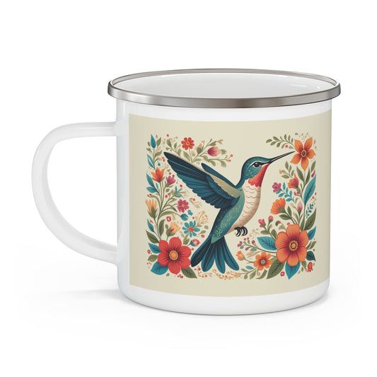 Hummingbird In Bloom Enamel Camping Mug - Nature Lover Gift, Outdoor Adventure Drinkware