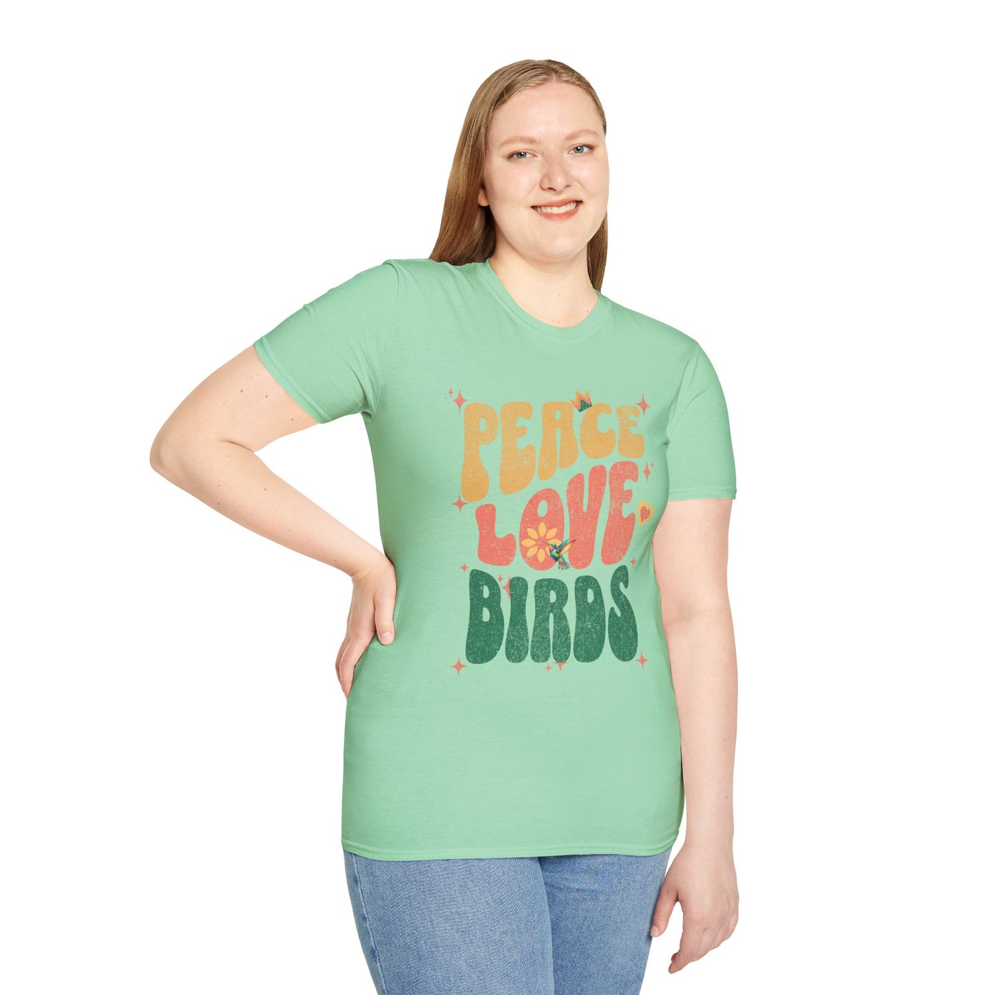 Peace Love Birds Unisex Softstyle T-Shirt - Retro Vibe Tee for Casual Wear