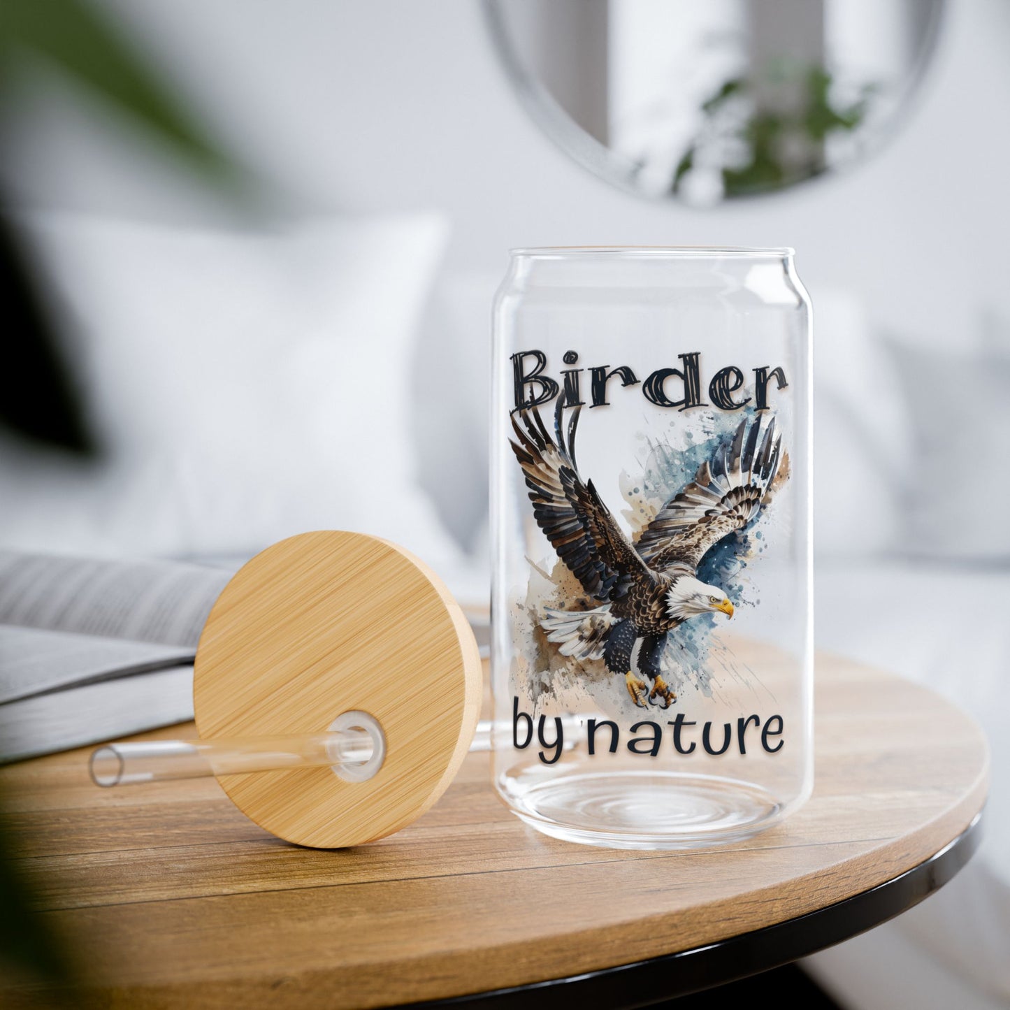 The Nerdy Birder Eagle Birder By Nature 16oz Sipper Glass With Bamboo Lid