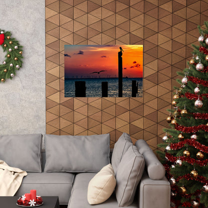 Scenic Matte Horizontal Poster - Serene Sunset with Pelicans and Wind Turbines