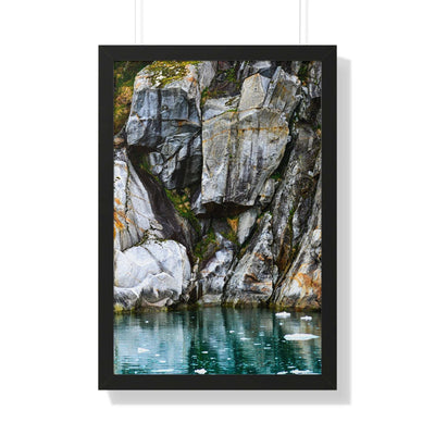 Serene Nature Framed Vertical Poster - Coastal Rock Reflection Art