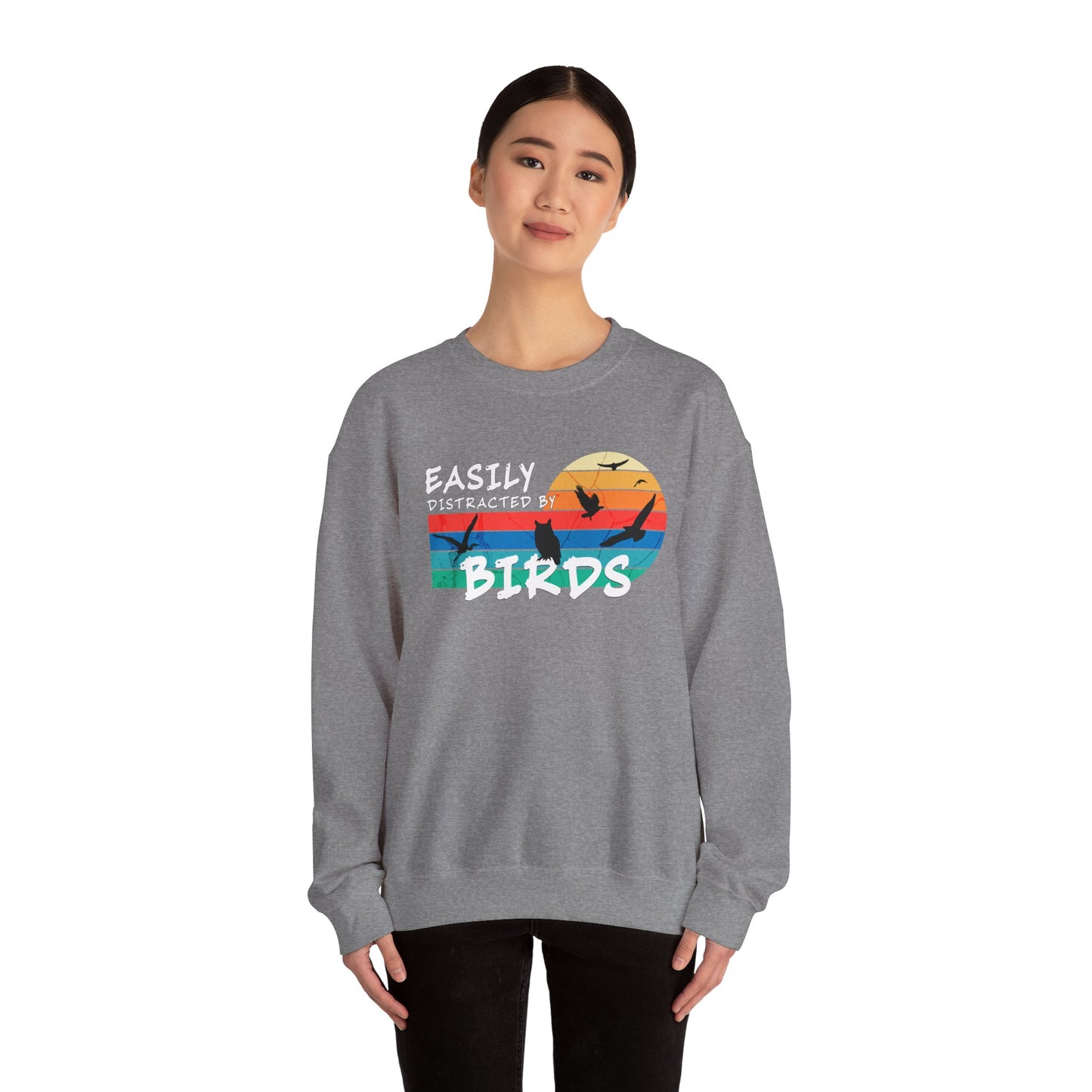 Easily Distracted by Birds Retro Sunset Crewneck Sweatshirt