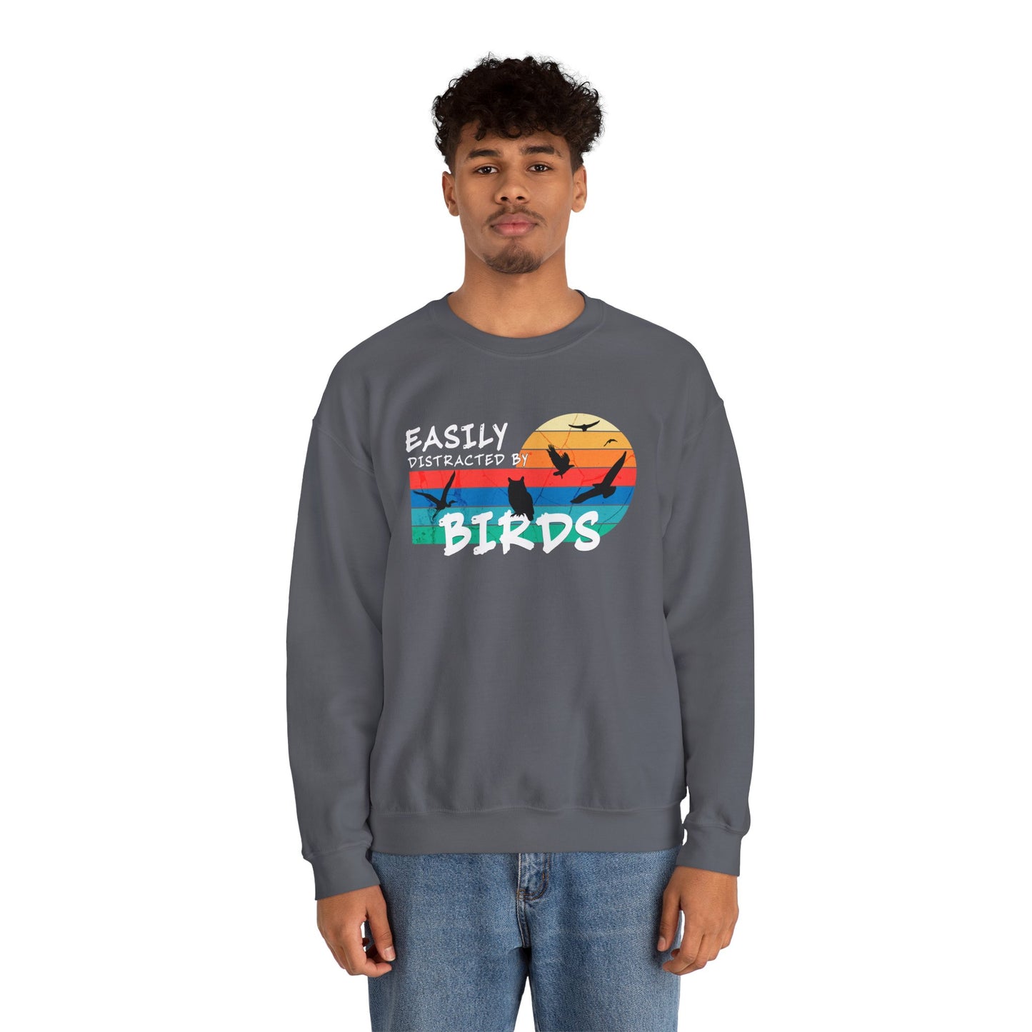 Easily Distracted by Birds Retro Sunset Crewneck Sweatshirt