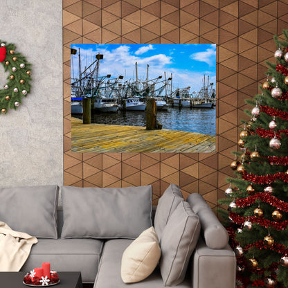 Nautical Matte Horizontal Poster - Serene Harbor Dock Scene with Fishing Boats