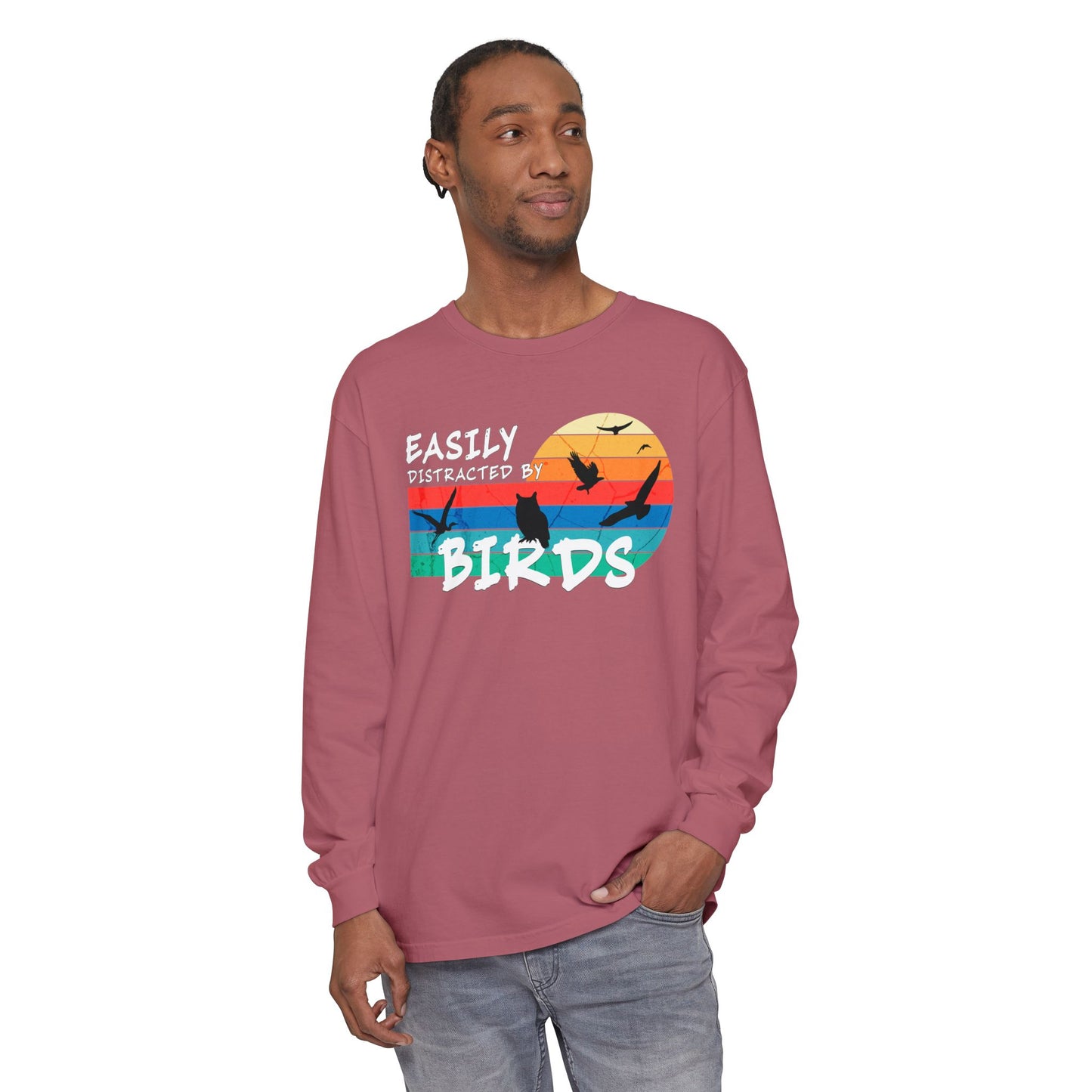 Easily Distracted by Birds Retro Sunset Long Sleeve Tee