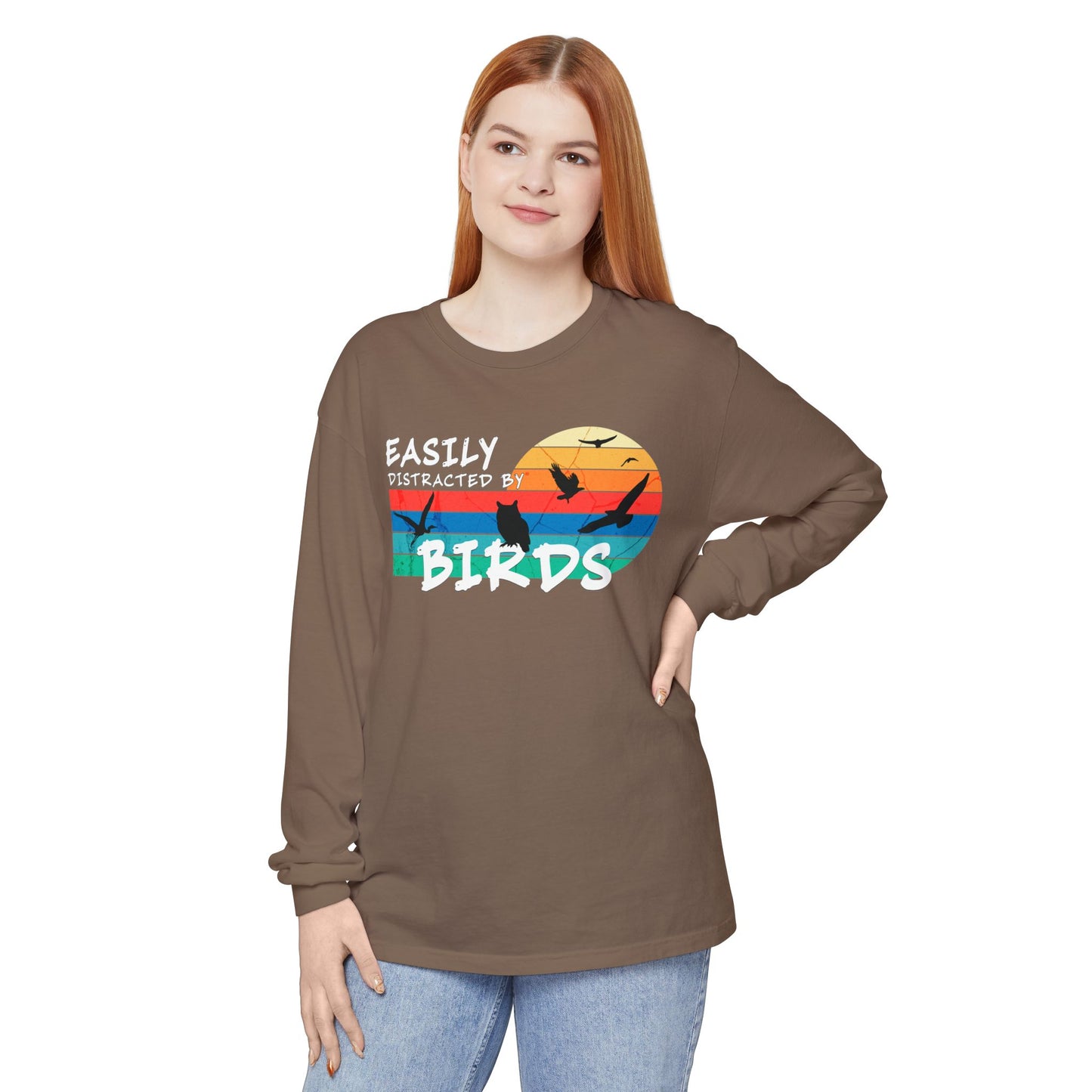 Easily Distracted by Birds Retro Sunset Long Sleeve Tee