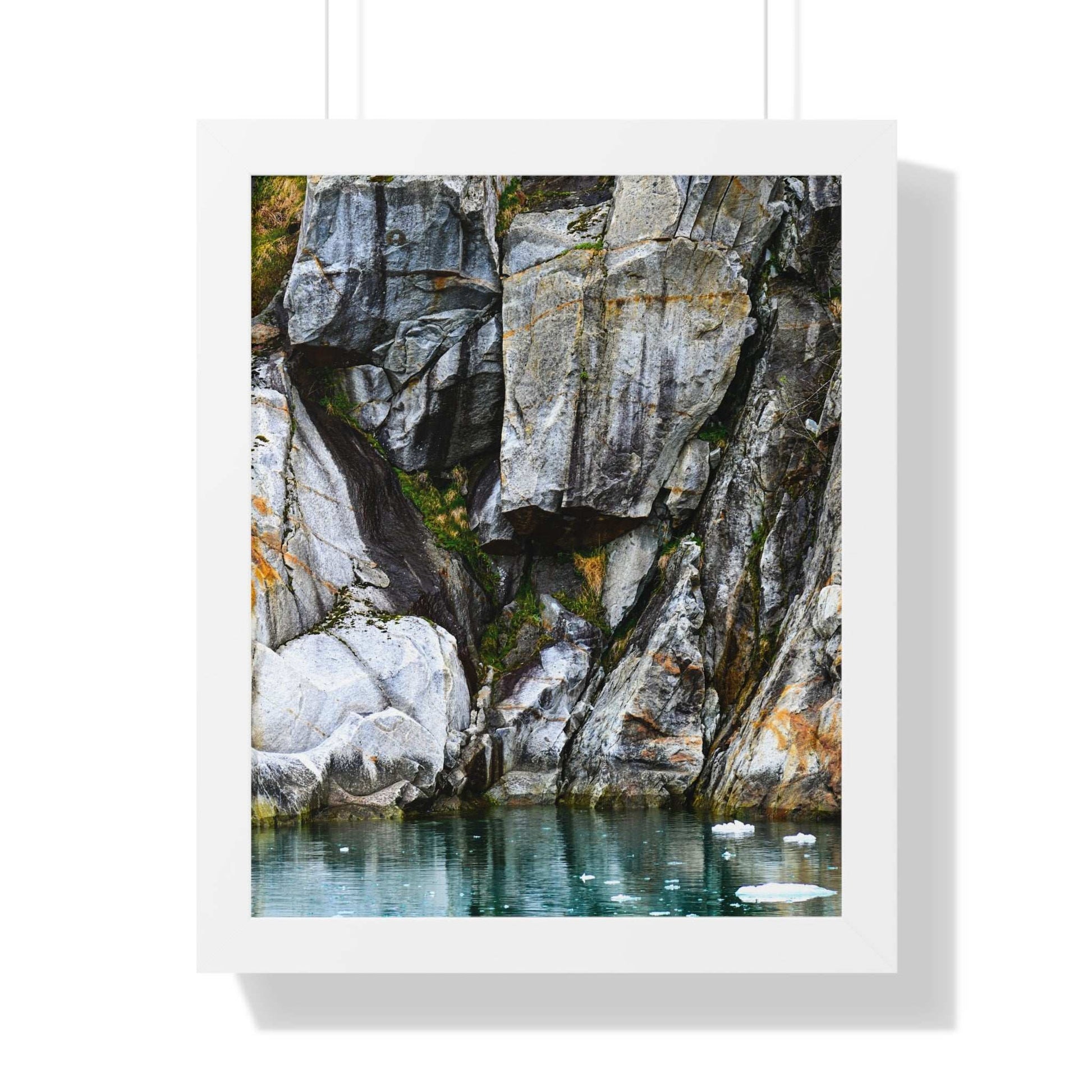 Serene Nature Framed Vertical Poster - Coastal Rock Reflection Art