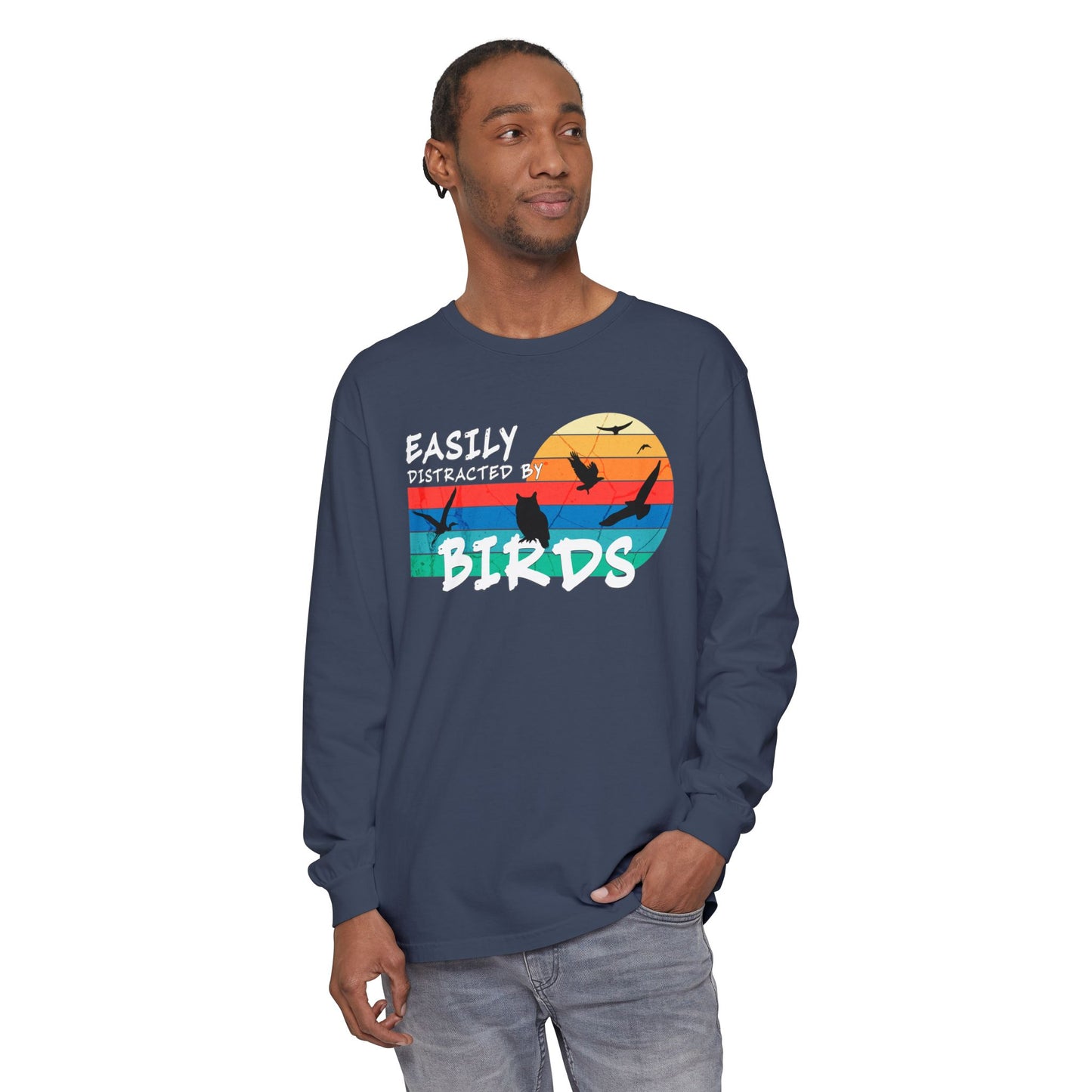 Easily Distracted by Birds Retro Sunset Long Sleeve Tee