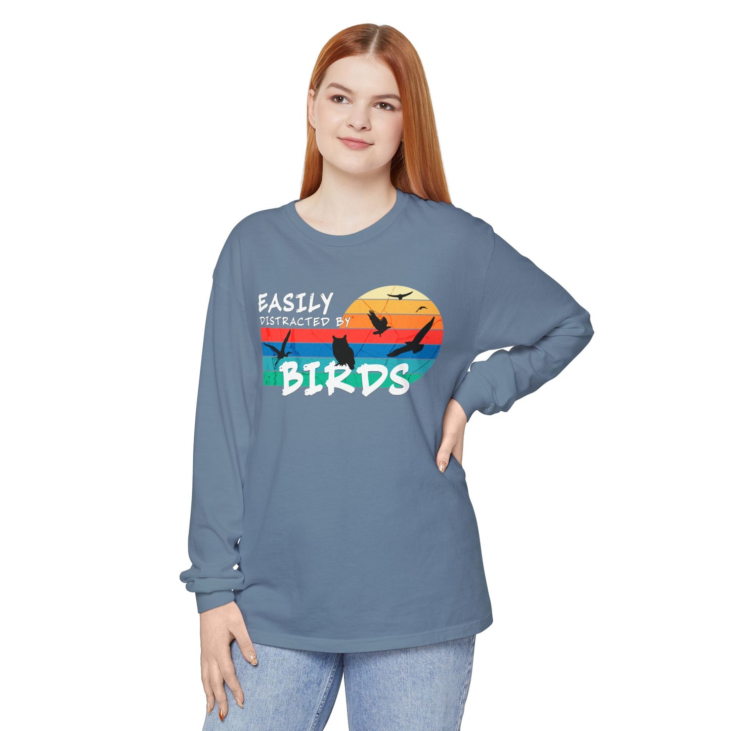 Easily Distracted by Birds Retro Sunset Long Sleeve Tee