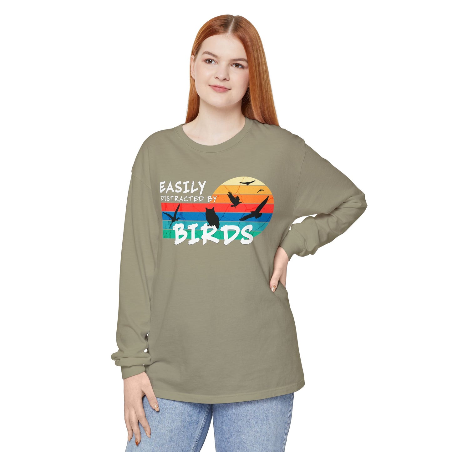 Easily Distracted by Birds Retro Sunset Long Sleeve Tee