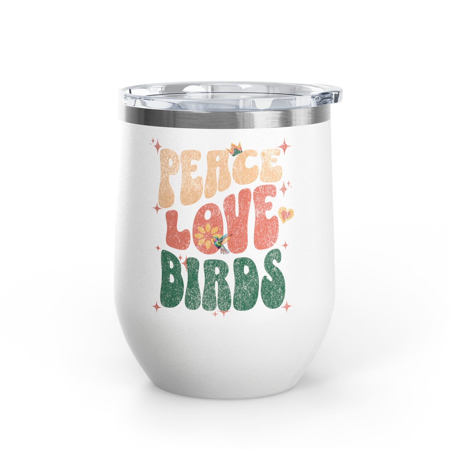 Peace Love Birds Wine Tumbler - 12oz Insulated Cup for Nature Lovers