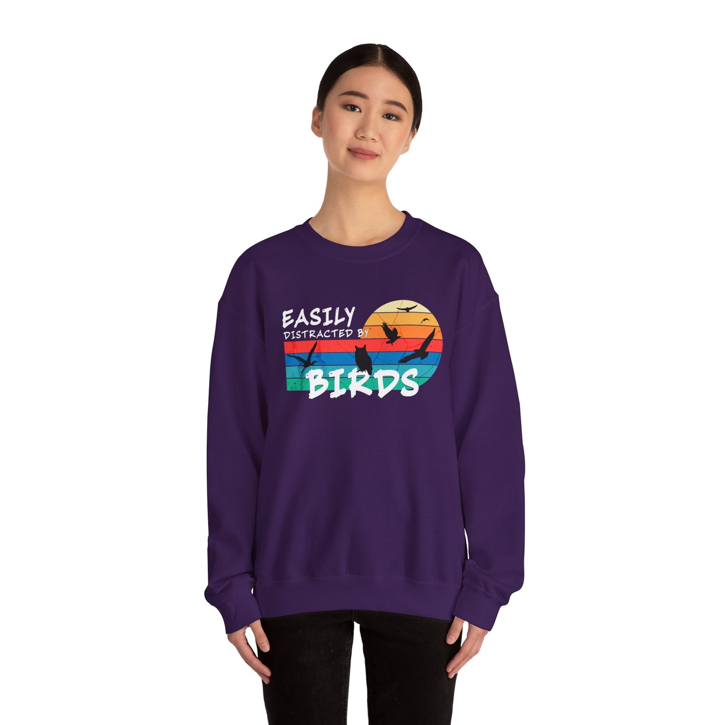 Easily Distracted by Birds Retro Sunset Crewneck Sweatshirt