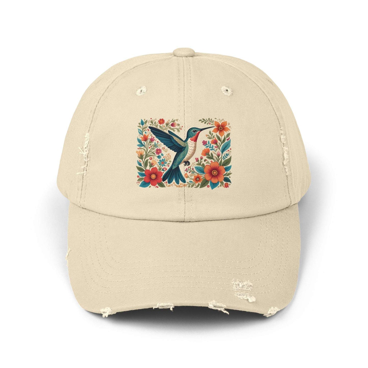 Hummingbird In Bloom Vintage Style Hat - Unisex Distressed Cap