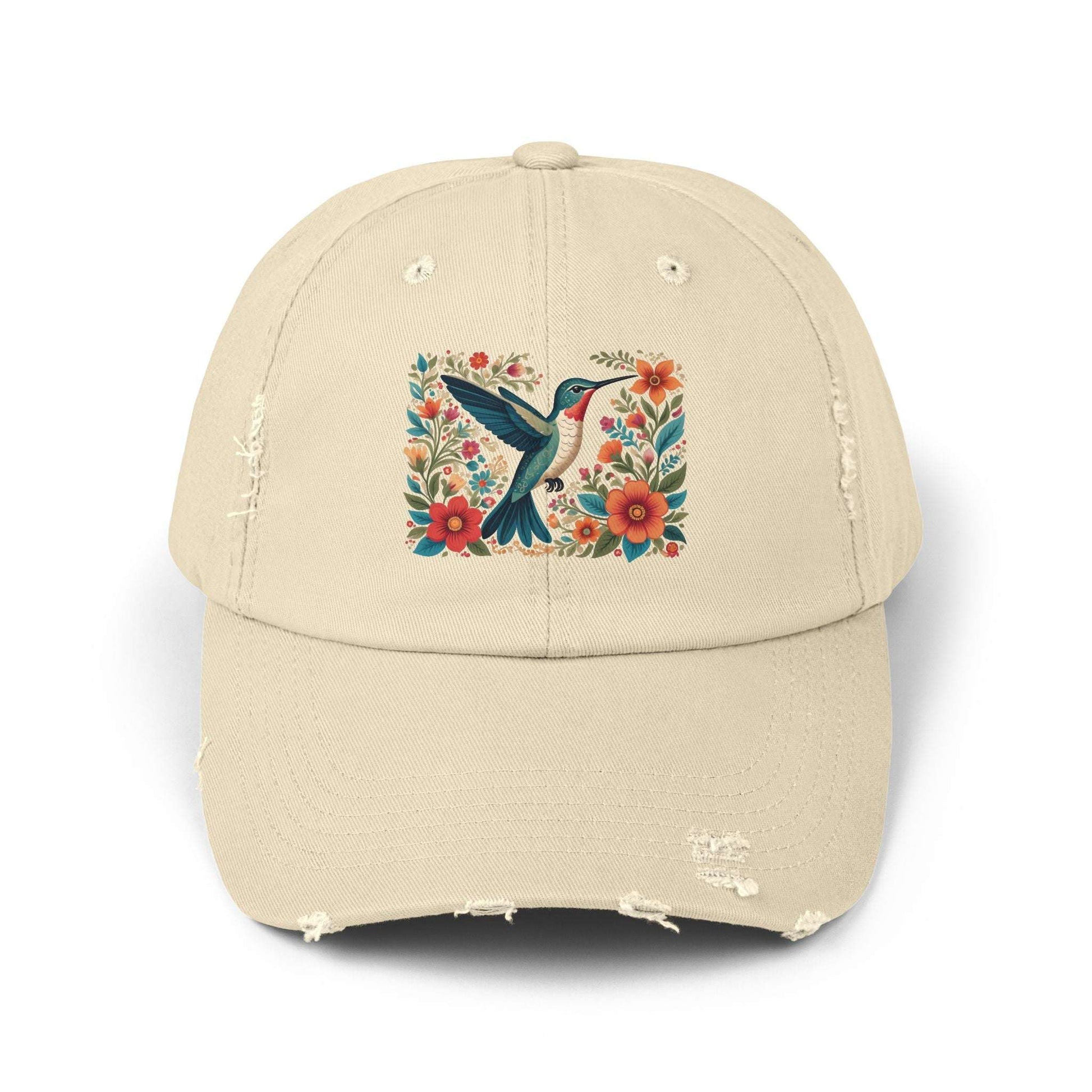 Hummingbird In Bloom Vintage Style Hat - Unisex Distressed Cap