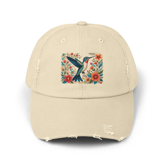 Hummingbird In Bloom Vintage Style Hat - Unisex Distressed Cap