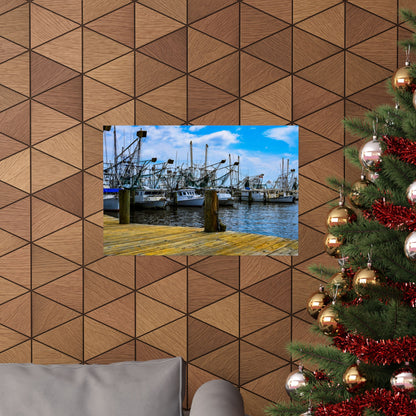 Nautical Matte Horizontal Poster - Serene Harbor Dock Scene with Fishing Boats