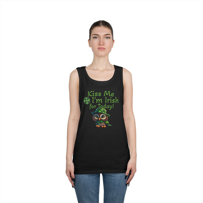 St. Patrick's Day Owl Lover's Unisex Heavy Cotton Tank Top - Fun and Playful 'Kiss Me I'm Irish for Today' Design