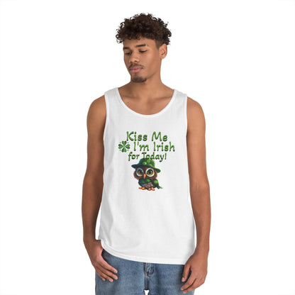 St. Patrick's Day Owl Lover's Unisex Heavy Cotton Tank Top - Fun and Playful 'Kiss Me I'm Irish for Today' Design