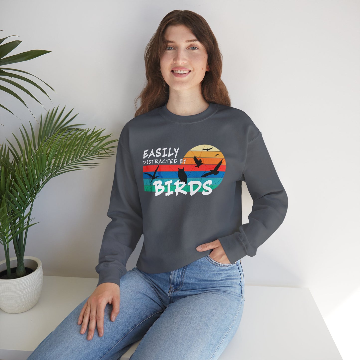 Easily Distracted by Birds Retro Sunset Crewneck Sweatshirt