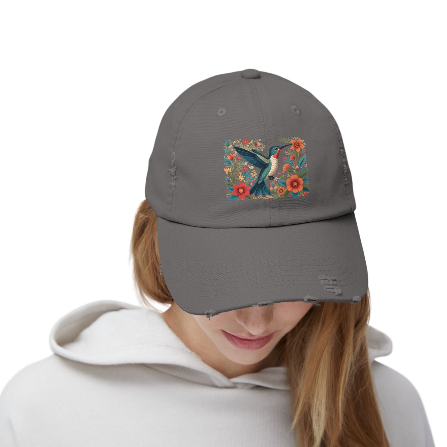 Hummingbird In Bloom Vintage Style Hat - Unisex Distressed Cap