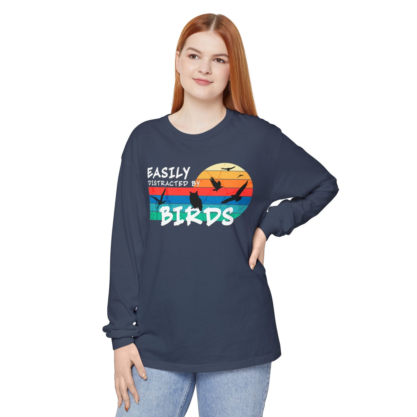 Easily Distracted by Birds Retro Sunset Long Sleeve Tee