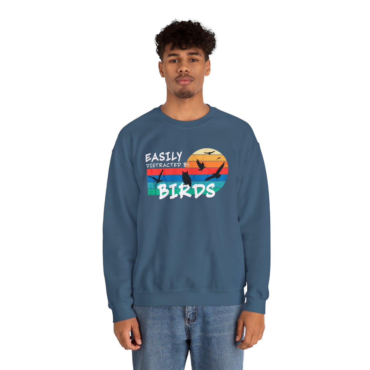 Easily Distracted by Birds Retro Sunset Crewneck Sweatshirt