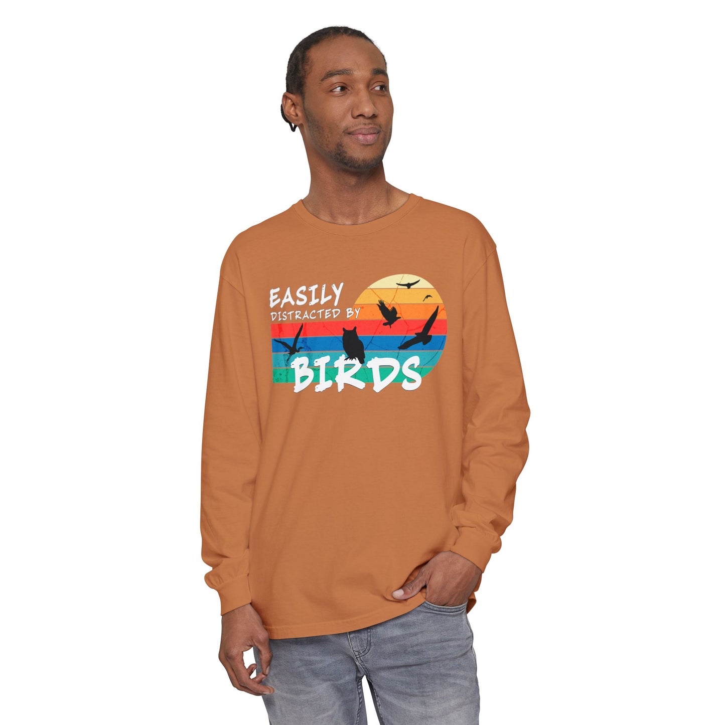 Easily Distracted by Birds Retro Sunset Long Sleeve Tee