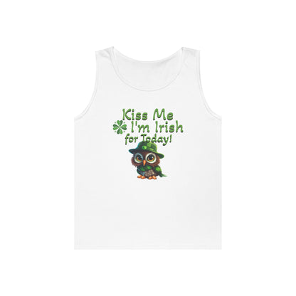 St. Patrick's Day Owl Lover's Unisex Heavy Cotton Tank Top - Fun and Playful 'Kiss Me I'm Irish for Today' Design
