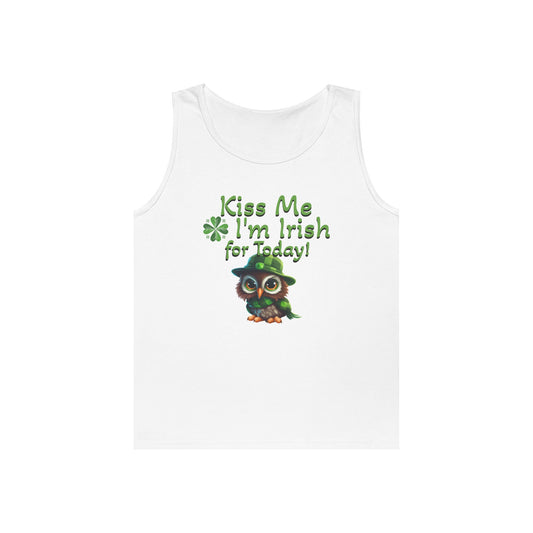 St. Patrick's Day Owl Lover's Unisex Heavy Cotton Tank Top - Fun and Playful 'Kiss Me I'm Irish for Today' Design