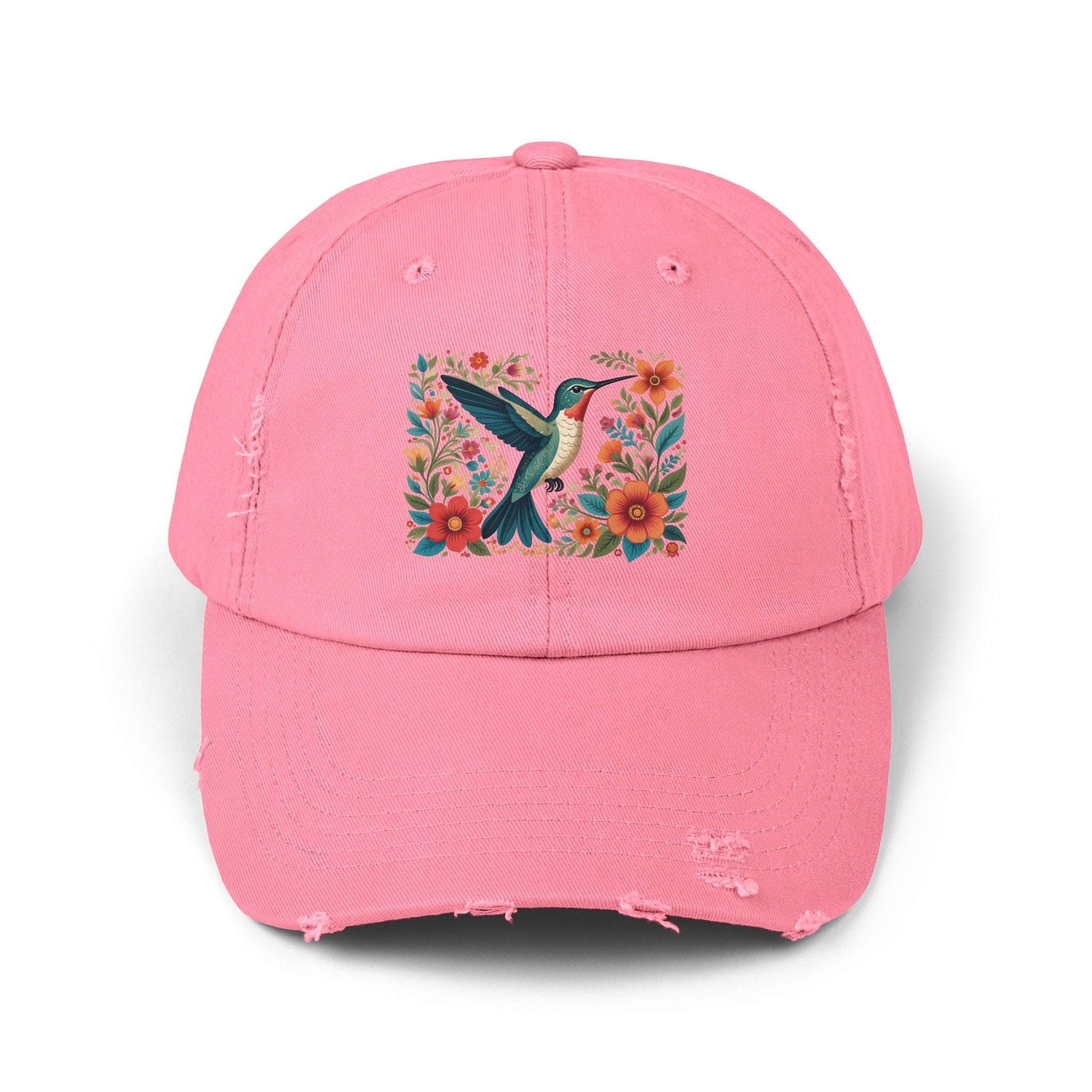 Hummingbird In Bloom Vintage Style Hat - Unisex Distressed Cap