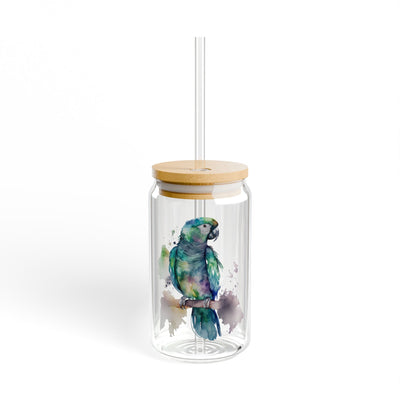 The Nerdy Birder Elegant Parrot 16oz Sipper Glass With Bamboo Lid