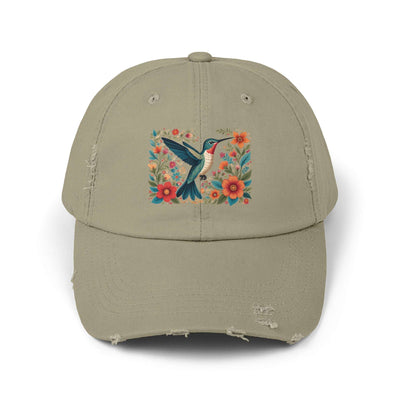 Hummingbird In Bloom Vintage Style Hat - Unisex Distressed Cap