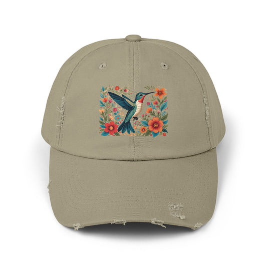 Hummingbird In Bloom Vintage Style Hat - Unisex Distressed Cap