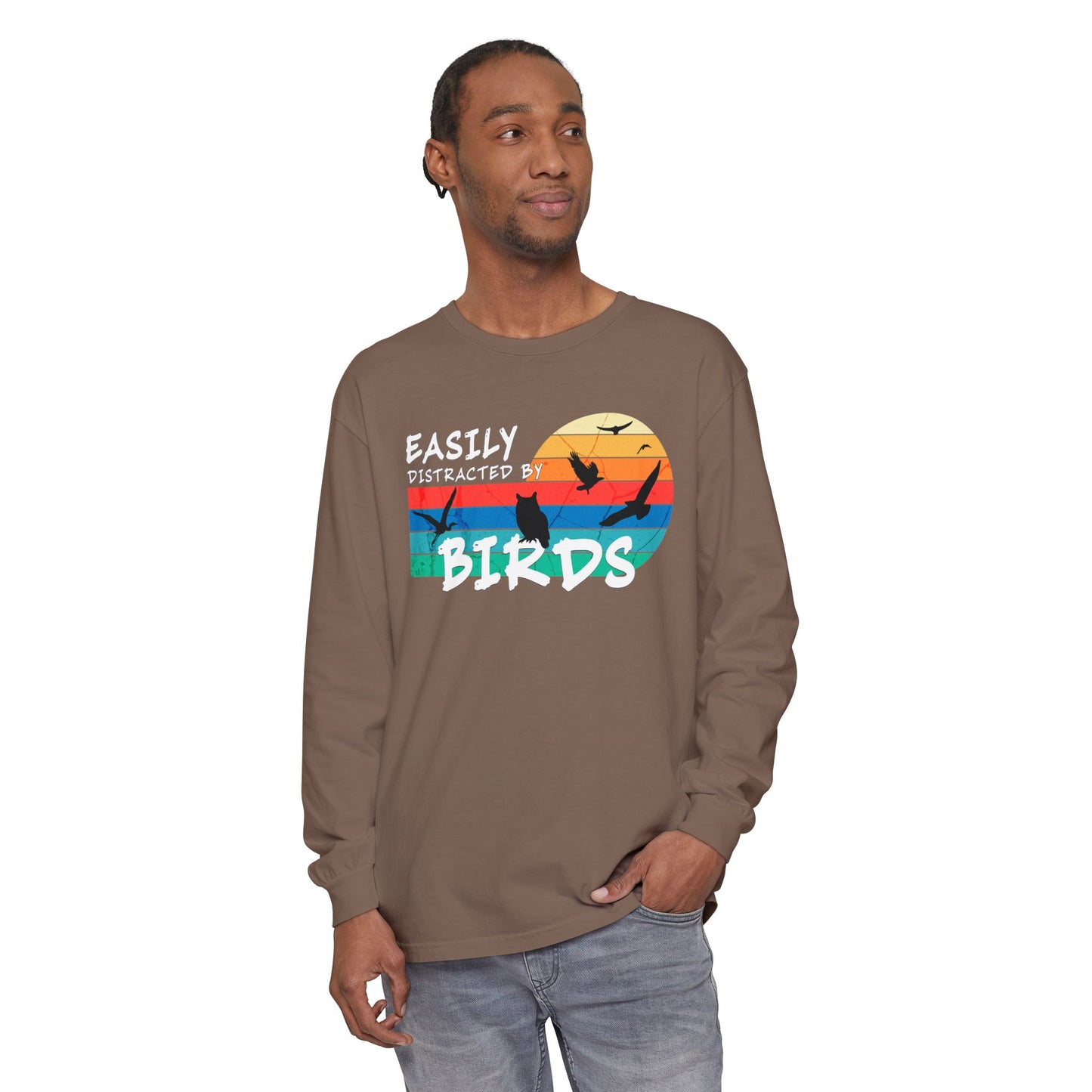 Easily Distracted by Birds Retro Sunset Long Sleeve Tee