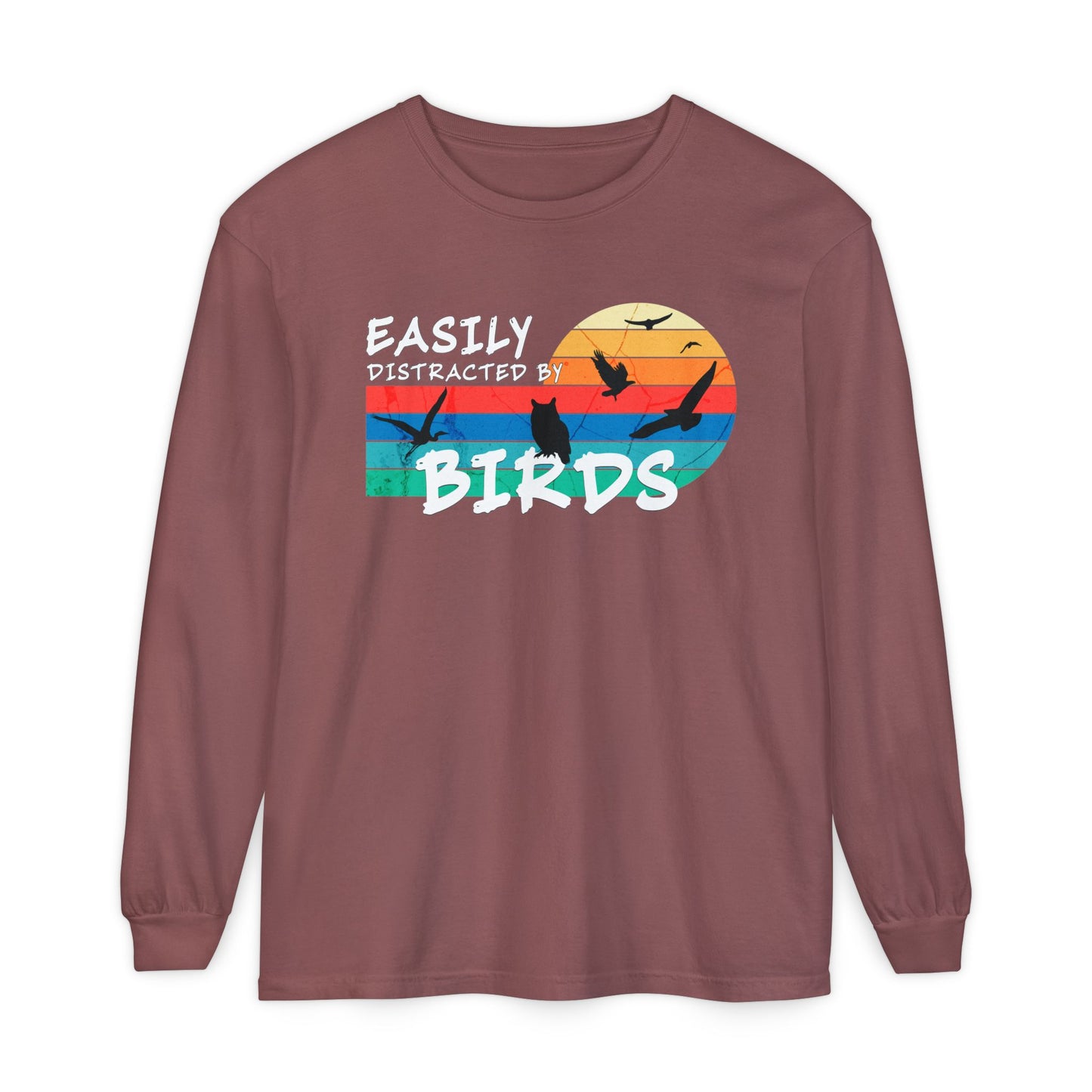 Easily Distracted by Birds Retro Sunset Long Sleeve Tee